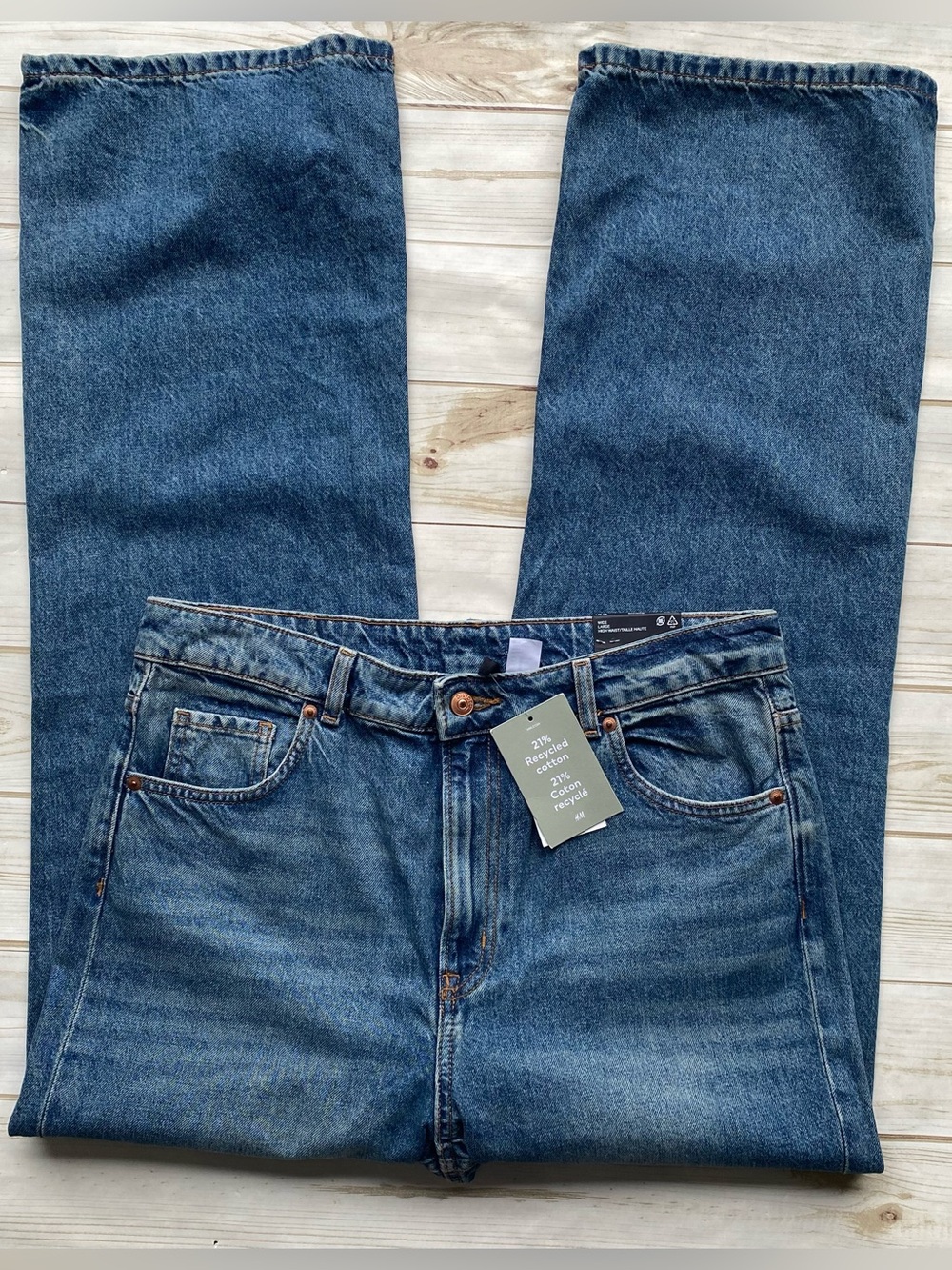 H&M medium wash cotton high waist wide leg Classic fall winter denim jeans 12